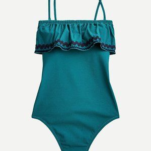 J.Crew Jcrew one piece bathing suit bandeau tie neck pique fabric, green & navy